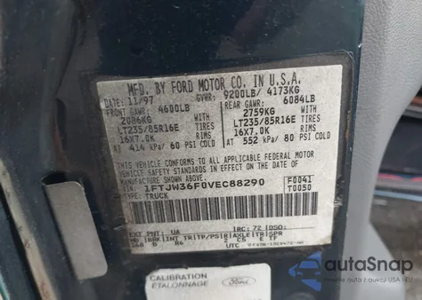 1997 Ford F-350 Xl из США, поврежденный, VIN 1FTJW36F0VEC88290